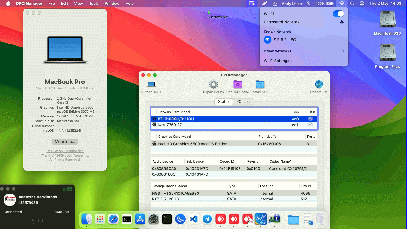 Success Hackintosh macOS Sonoma 14.4.1 Build 23E224 in Asus A455LF-WX158D